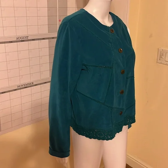 Vintage Koret Blazer Womens Blue Patchwork Crochet Retro 80s 90s Jacket L - Picture 3 of 8